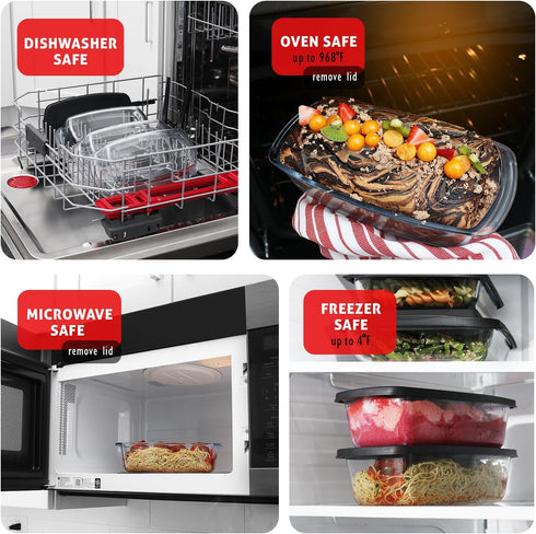 EATEX Glass Bread Pans for Homemade Baking, 1.9 Quart Deep Rectangular Food Storage Containers with Lids, 3 Loaf Pans