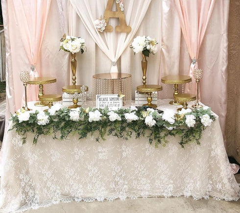 QueenDream White Lace Tablecloth, 60 x 120 Inches, Rectangular Vintage Embroidered Lace Fabric Overlay