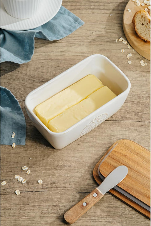 Countertop, Butter Dish with Lid for Farmhouse Ceramic Butter Keeper with Acacia Wood Lid, Large Porcelain Butter