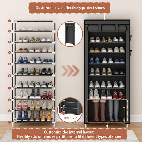 9 Closet Calmootey Tier Shoe Rack Organizer,Portable Shoe Shelf with Nonwoven Fabric Cover