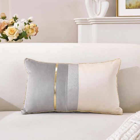 TAOSON Pack of 2, Gray Beige Patchwork Velvet Throw Pillow Cover with Gold