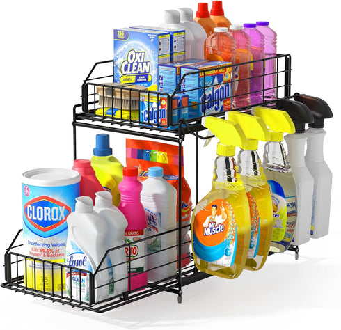 SUEH DESIGN 2 Tier Under Sink Organizer, Metal Kitchen Bathroom Storage with Hanging Rail