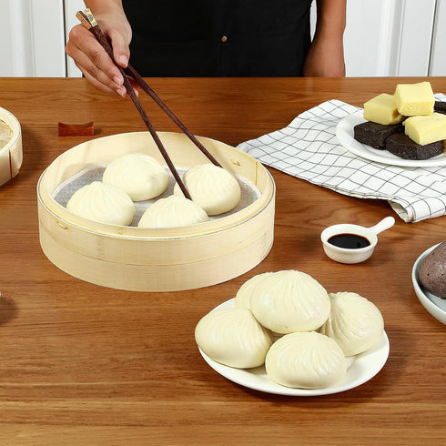 Handmade 8 Inch Bamboo Steamer Basket with Reusable Cotton Liners, 2 Tier Traditional Dumpling Food Steamer