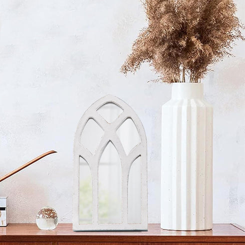 Rustic Arched Wooden Small Mirror for Desk, 6 X 11 Inch, Distressed White Farmhouse Window Mirror for Tables, Shelf,