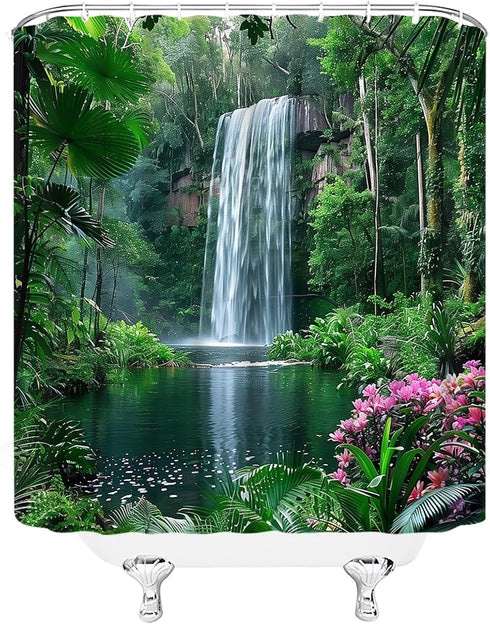 Forest Waterfall Shower Curtain, Tropical Jungle Nature Landscape Fabric Bathroom Curtains Decor Set, 70" WX70 H