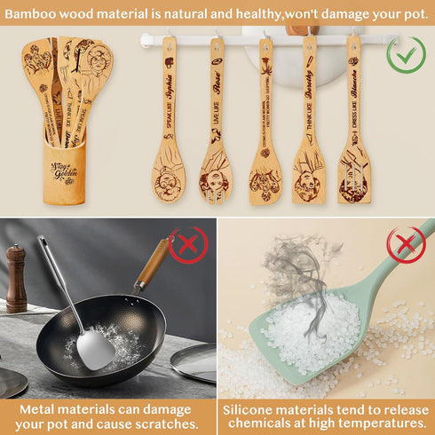 Golden Girls Wooden Spoons for Cooking, 7pcs Bamboo Utensils Gifts for Fans, TV Show Merchandise for Women
