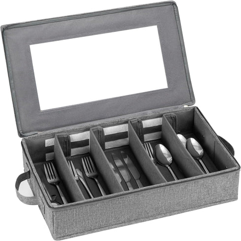 Flatware Utensil Storage Case, Large Capacity Silverware Box with Adjustable Dividers, Zipper Lid for Organizing