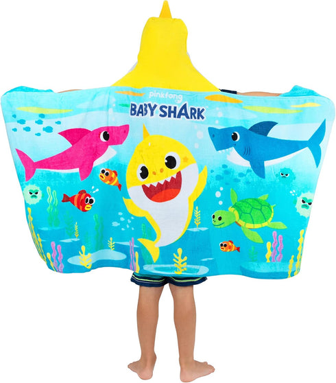 Franco Baby Shark Soft Cotton Terry Hooded Towel Wrap, 24 in x 50 in, Kids Bath/Pool/Beach