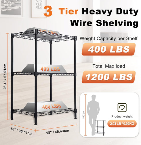 3 400 lbs 1200 lbs 18" 12" 26.4" Whitmor Tier Storage Shelves, Heavy Duty Metal Shelving, Capacity per Shelf, Total