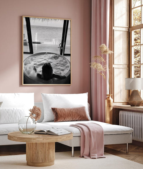 11x14 Poster Master Bath with Wine Poster - Beach View Print - Alcohol Art - Bar Cart Design - Girly Print - Black