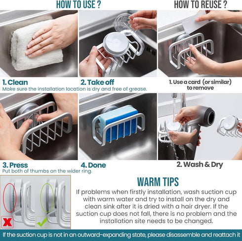 TAILI Sponge Holder for Kitchen Sink with Strong Suction Cup, Rustproof Aluminum Sink Caddy for Sponges, Removable