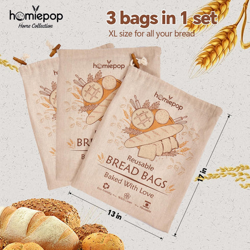 HomiePop (3 Pack) 17x13 Inch Bread Bags for Homemade Bread Linen Reusable Sourdough Bread Bags with TPU Lining Keeps