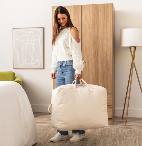 Soft Canvas Storage Bags with Zipper, Thick Breathable, 1pc King/Queen Comforter Organizer, Large 25x19x9in for