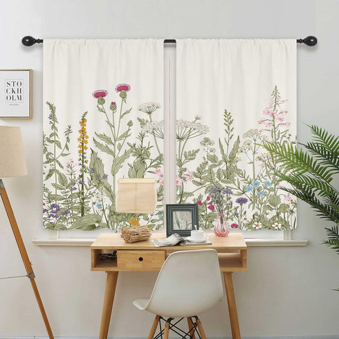 Riyidecor Light Green Leave Plant Small Kitchen Curtains, Floral Botanical Rod Pocket Farmhouse Cafe Treatment Fabric