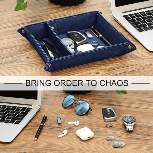 SITHON Dark Blue Valet Tray Organizer, Removable 2 Compartment Catchall Tray for Bedside, Vanity, Nightstand