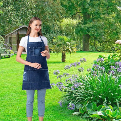 Denim Apron with 5 Pockets for Kitchens, Adjustable Bib Jean Apron for Work