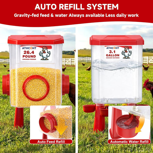 ATHCOHT Set 3.1 Gallon/26.4 4 3 Large Chicken Feeder and Waterer Pounds, Automatic Chicken Waterer with Cups & Feeder