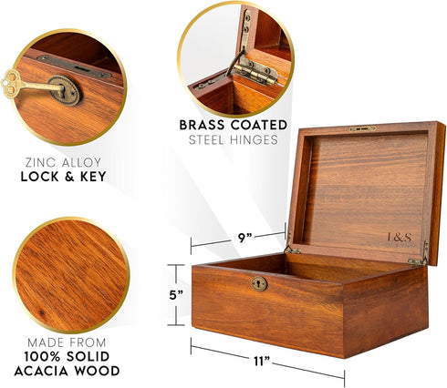 LUSH & STYLE Keepsake Box, Decorative Wooden Storage Box with Hinged Lid & Locking Key, Size 11X9X5 Inches