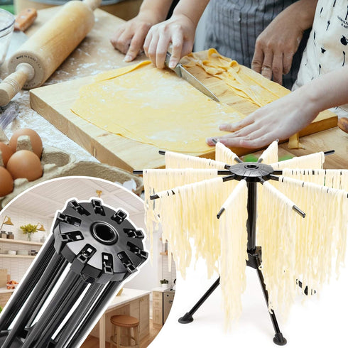 Cambom Foldable Pasta Drying Rack - Plastic Spaghetti Noodle Dryer with 10 Bar Handles, Black