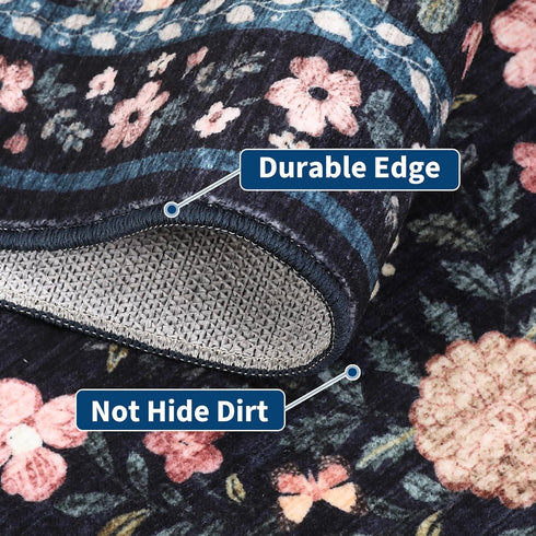 4x6, GarveeHome Floral Washable Rug Non-Slip Low Pile Botanical Carpet, Vintage Farmhouse Area Rug for Bedroom Nursery