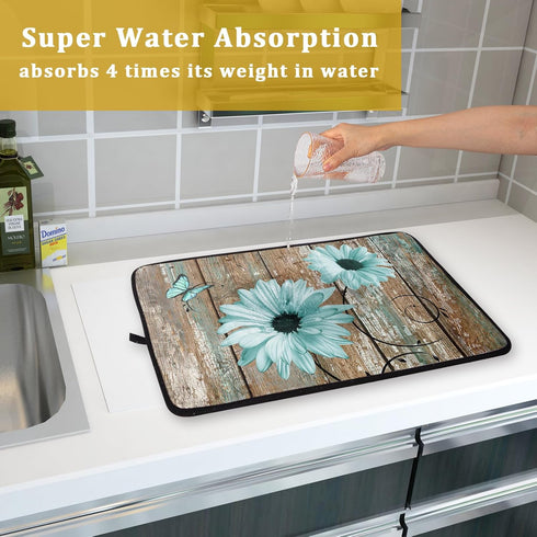 Rustic Daisy Dish Drying Mat, 18x24 Inch Fast Drying Kitchen Countertop Pad with Teal Sunflowers on Wooden Board