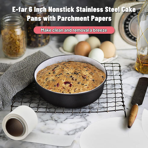 E-far 6 Inch Cake Pans Set of 2, Nonstick Stainless Steel Small Round Baking Pans with Parchment Paper