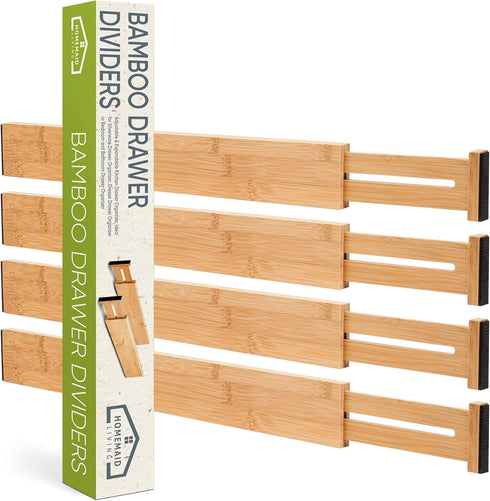 Homemaid Living Adjustable Bamboo Drawer Organizer - Expandable Drawer Dividers Set of 4 for Kitchen, Dresser,