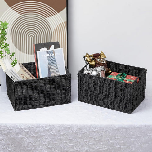 Vagusicc Wicker Basket, Set of 2 Woven Paper Rope Storage Bins with Handles, Foldable Large Cube Organizers in Black
