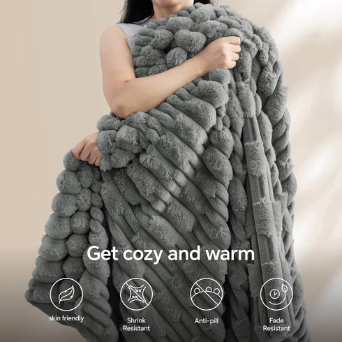 Cozy 50x60 inch, BEDELITE Faux Fur Grey Throw Blanket for Couch - Super Soft & Plush Striped Blanket for Sofa and Room