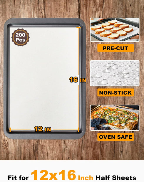 SMARTAKE 200 Pcs Parchment Paper Baking Sheets, 12x16 Inch Non-Stick Precut for Baking, Grilling, and More