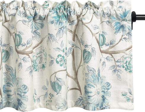 VOGOL Blue Spring Flower Window Valance, Country Style Faux Linen Decorative Topper for Kitchen, 52 x 18 Inches, 1 Panel