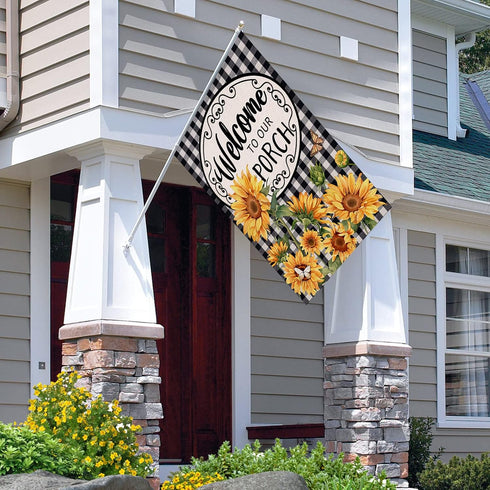 Welcome to Our Porch Spring Summer Sunflower House Flag, Black White Buffalo Plaid Check Yard Decoration, 28 x 40
