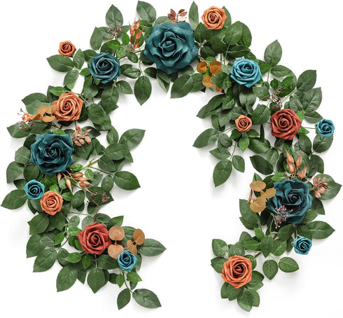 Ling's Moment 5FT Teal Blue Artificial Flower Garland Burnt Orange Rose Eucalyptus
