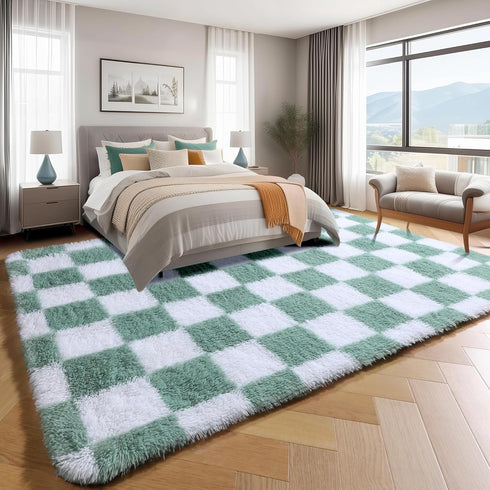 KICMOR 5x8 Cozy Living Room Rugs Sage Green and White, Large Fluffy Furry Shaggy Fuzzy Checkered Area Rug Bedroom Big