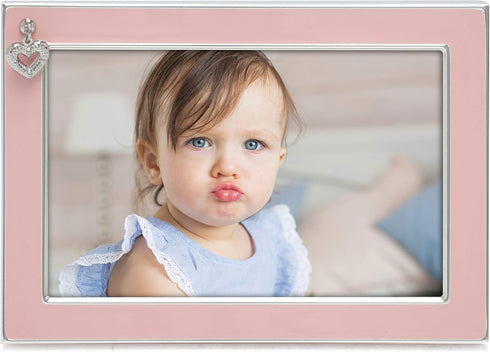 4x6 MIMOSA MOMENTS Silver Plated Baby Picture Frame, Pink Enamel & Rhinestone Heart Charm, Tabletop Frame for Baby Girl