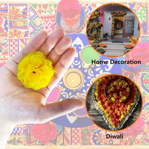 Marigold Artificial Flower Heads Bulk 50Pcs, Yellow Flowers for Diwali Home Decor, DIY Wreath, Garland, Craft, Wedding,