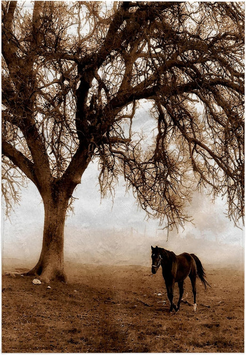 3D Rose Western Sepia Toned Horse on a Ranch with Oak Tree Towel, 15" x 22", Multicolor