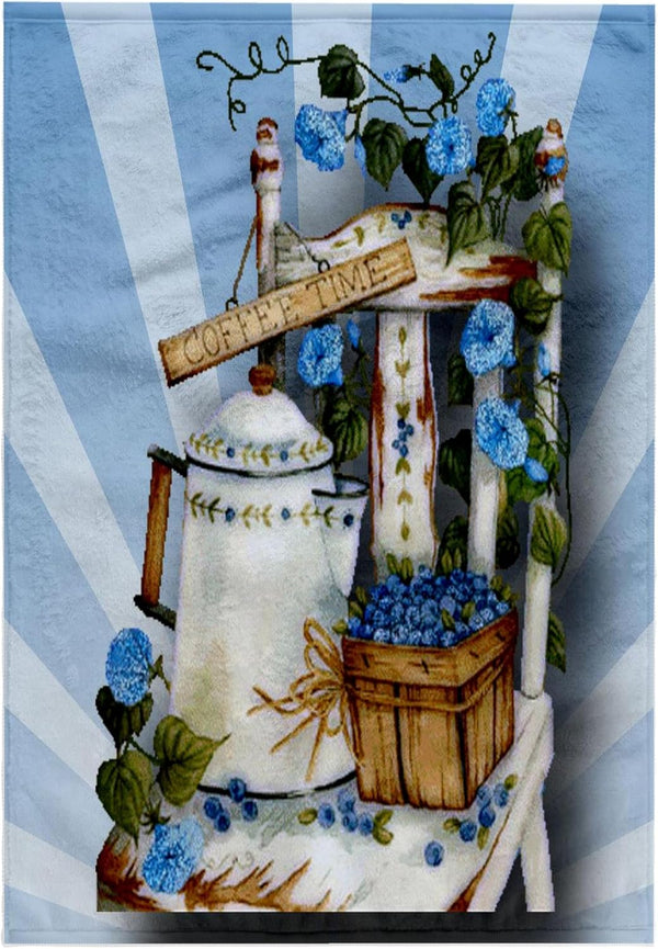 3D Rose Garden Chair with Pretty Blue Flowers and Tea Pot - Basket of Blueberries Towel, 15" x 22", Multicolor