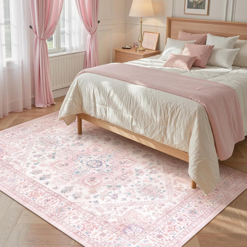 5x7 LIVEBOX Pink Washable Area Rug - Large Vintage Tribal Living Room Non-Slip Indoor Carpet for Bedroom, Low-Pile