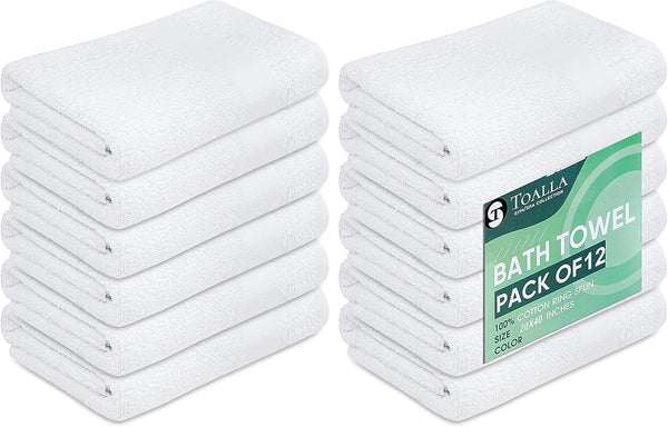 12 Pack White 100% Cotton Bath Towels, 20x40 Inches, Lightweight, Quick Drying,