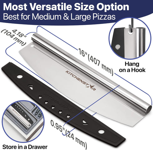 KitchenStar 16-Inch Pizza Cutter Rocker Blade - Sharp Stainless Steel Slicer Knife with Protective Cover, Dishwasher