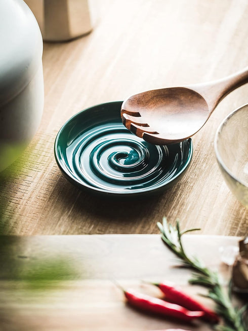 Porcelain Spoon Rest with Drip Tray, Heat-Resistant Ceramic Holder for Multiple Utensils, Dark Green for Spoons and