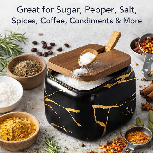 Marble Ceramics Sugar Bowl Ceramic Seasoning Box Ceramic Spice Jars Porcelain Condiment Pots with Lid and Spoon (Black)