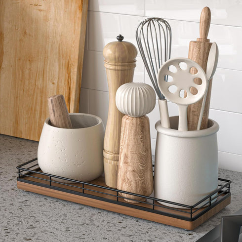 Oak Wooden Kitchen Soap Tray, 11" Sink Countertop Organizer for Soap, Sponge, Spice, and Decorative Tray