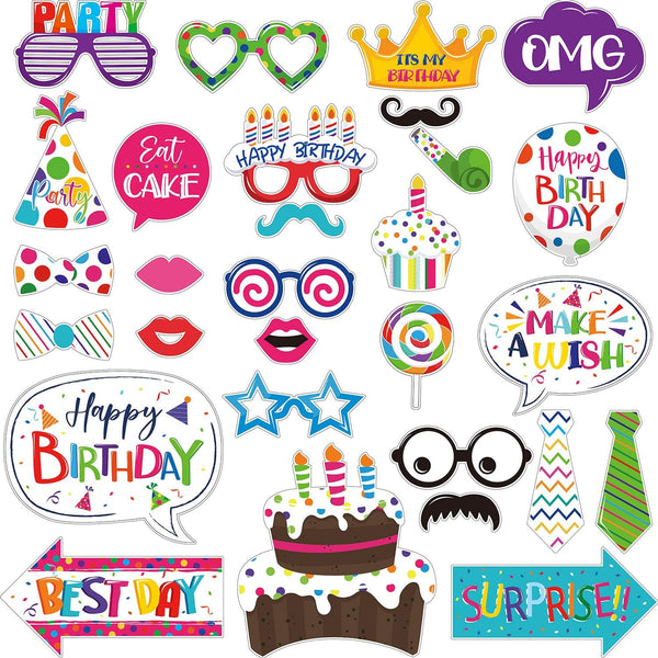 29 Pieces Birthday Photo Booth Props Kit for Kids Birthday Theme Table Centerpiece Craft Cutouts with Glue Dots