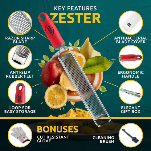 Lemon Zester & Parmesan Cheese Grater - Premium Citrus Grater with Bonus Cleaning Brush & Glove