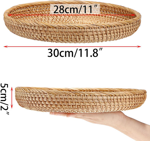 Hipiwe 11.8" Round Key Basket Bowl for Entryway Table, Large Rattan Tray Decorative Ottoman Trays Centerpiece