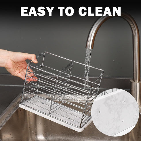 Utensil Holder for Kitchen Counter, Metal Rack for Cooking Tools Storage, Organizer with Drainage Hole (Chrome Marble)