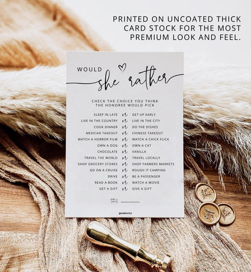 50 50 Would She Rather Bridal Shower Game Cards, Baby Shower Games, Guests, Minimalist White