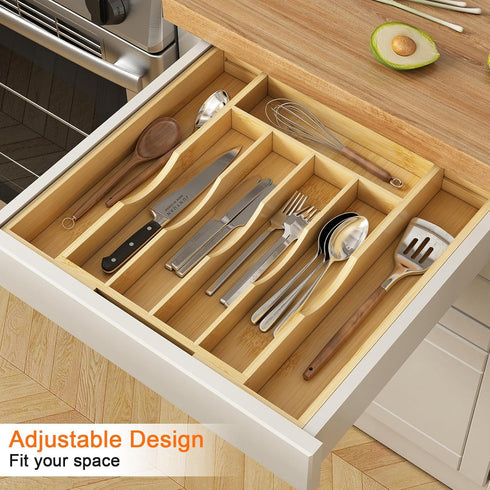 Bamboo Utensil Organizer for Kitchen Drawers, Expandable Utensil Tray and Cutlery Silverware Holder,Wood Drawer Dividers with 7 Adjustable Slots by Youpehom
